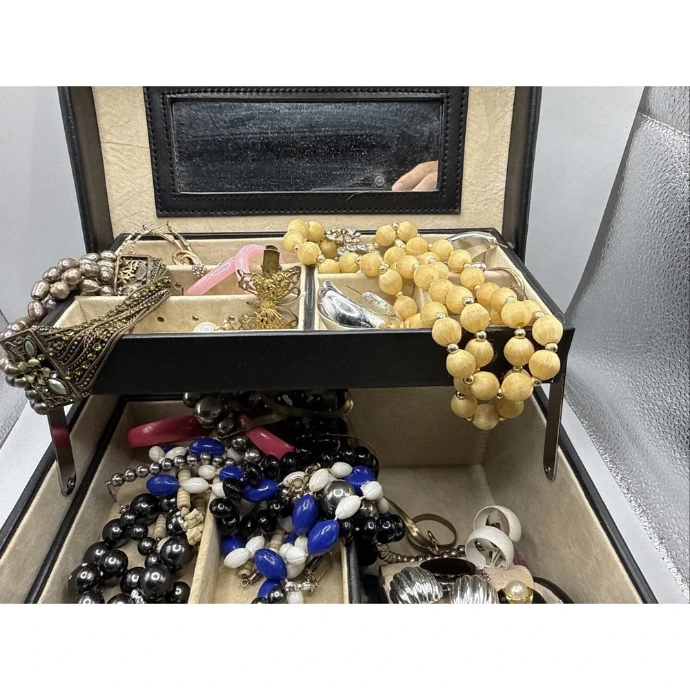 Vintage Jewelry Box Lot: Box, Necklaces, Bracelets, Rings, Earrings